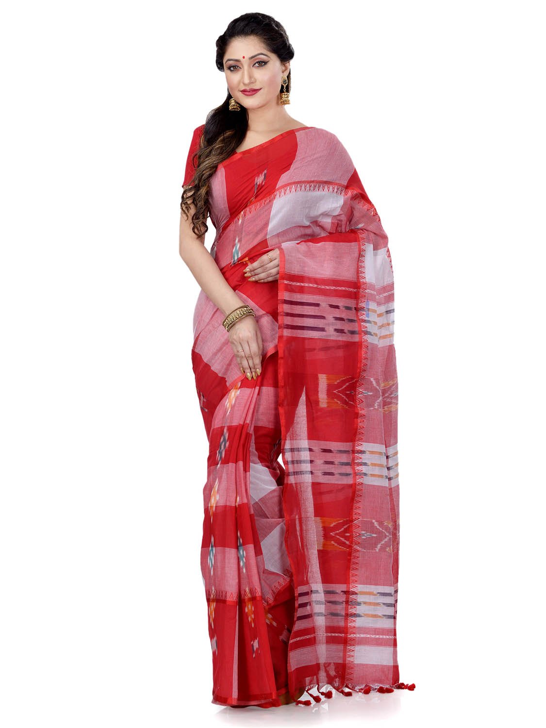 Women`s Bengal Handloom Tant Malmal Pure Cotton Saree Kotki Design Without Blouse Piece (Red White)